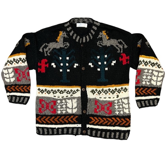 Chibcha Wool Artesian Cozy Heavy Knit Chunky Vintage Cardigan Horse Sweater - Picture 8 of 15